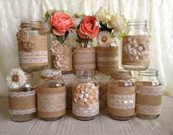 10x rustic burlap and lace covered mason jar vases wedding decoration, bridal shower, engagement, anniversary party decor    I