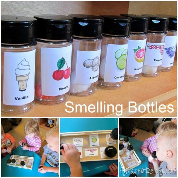 DIY smelling bottles made from spice containers with a cotton ball and a few drops of cooking extracts or essential
