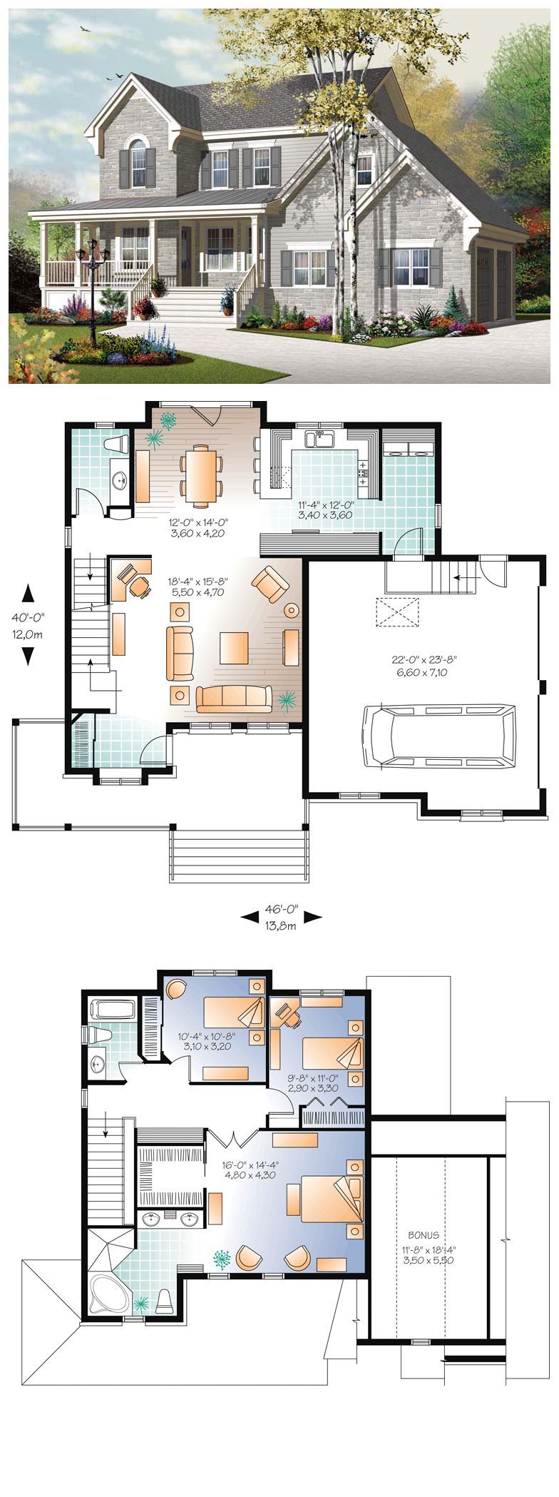 European House Plan 76322 | Total living area: 1854 sq ft, 3 bedrooms & 2.5 bathrooms. Inspired by homes dotting the east coast, this handsome home is destined to be a favorite nation-wide. A