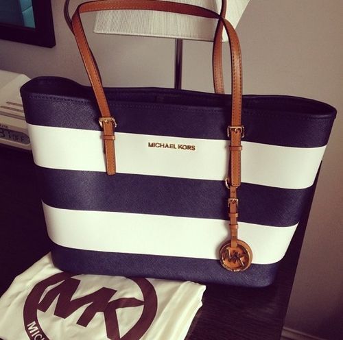 Excllent Michael Kors Jet Set Striped Travel Medium Black White Totes Guard You All The Time, You Deserve To Have One!