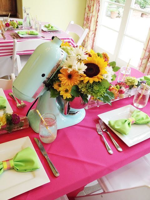 flower arrangements in kitchen appliances for a kitchen-themed bridal shower