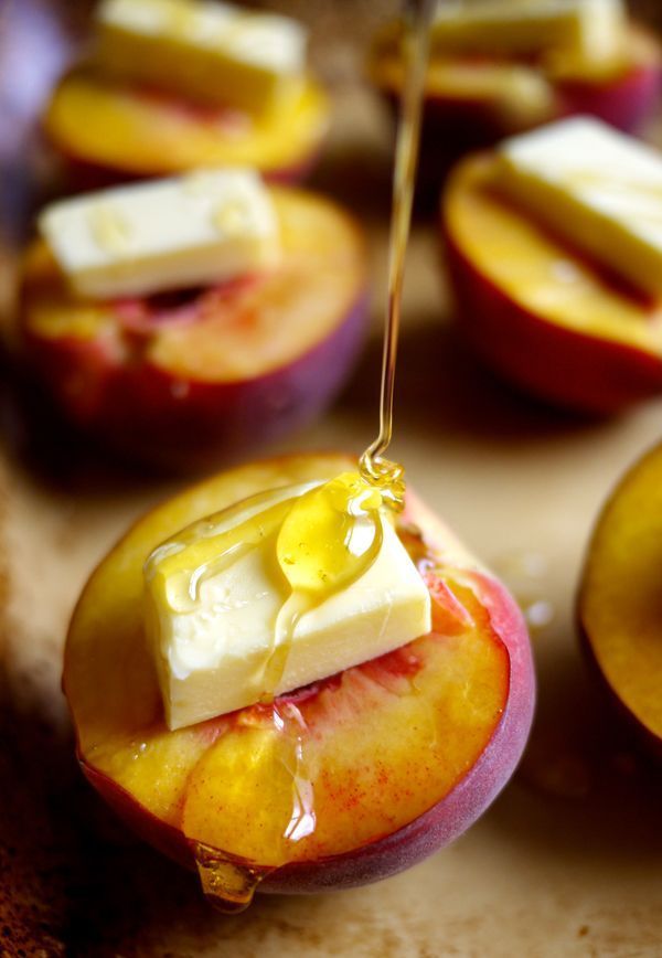 Honey Roast Peaches – with buttery honey sauce, marscapone cream and toasted almonds.
