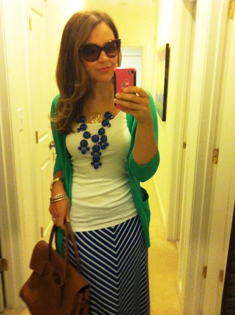 In My Closet: navy blue maxi skirt, white tee, teal cardigan, blue statement