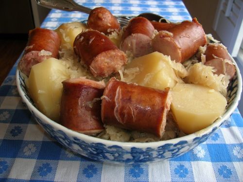 Kielbasa, sauerkraut and potatoes — I dont often cook this but its delicious. I think this would also be great cooked on the stove, in the oven or in a pressure cooker, just depending on