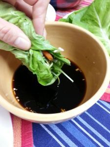 Lettuce Wraps Dipping sauce: 1 green onion 3/8 garlic clove 1/2 Tablespoon Tamari soy sauce 1/4 Tablespoon unsweetened rice