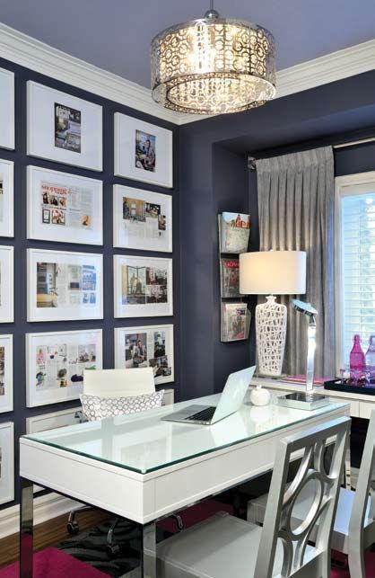 Like a signature this office is truly unique. From its intriguing and glamorous colour palette of dark inky purple to the modern glossy bright white work surfaces, I set out to create a glamorous home