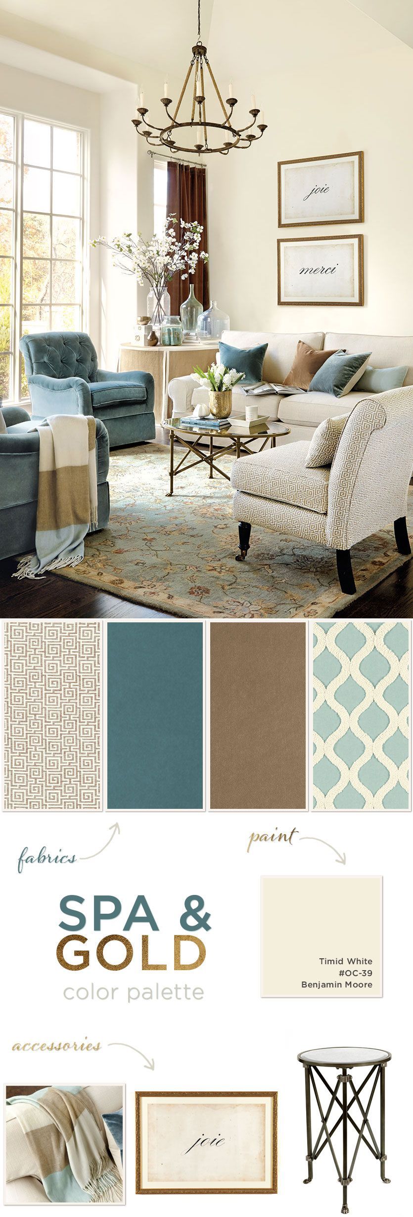 Love the blue mixed in with the neutrals. | Gold gives spa blue a cozy, warmth – #Ballard