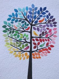Lovely tree quilt – thinking if my students draw the trunk and branches and then cut out the different coloured leaves and birds out of magazines or paint samples or something. might look