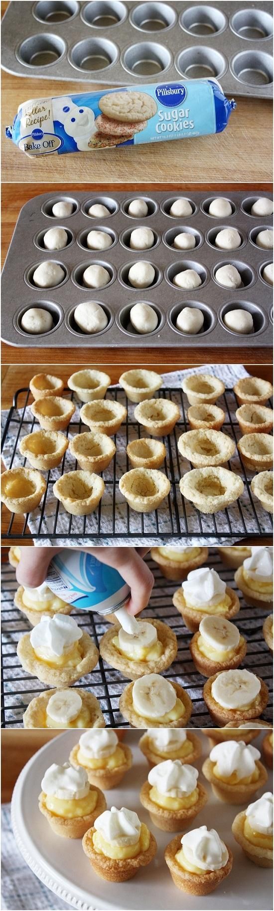 mini banana cream pie bites.  I would flip the mini muffin tin upside down and put cookie dough over the mounds to make the