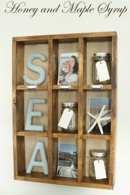 PB cubby knock off! Love the details, SEA letters, jars for beach sand, numbering cubbies, and