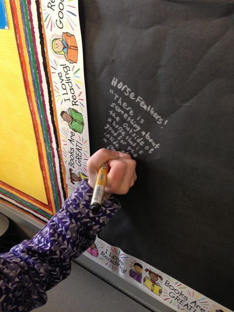 Reading Graffiti Board…I love this! Put up black paper, provide silver sharpies and let students write one quote from a book.