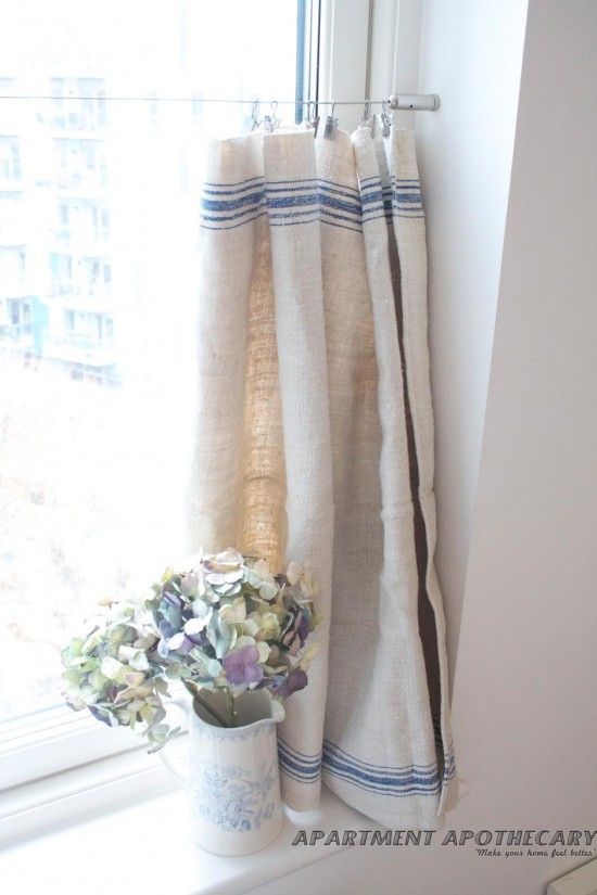 Vintage linen grain sack cafe-style curtain