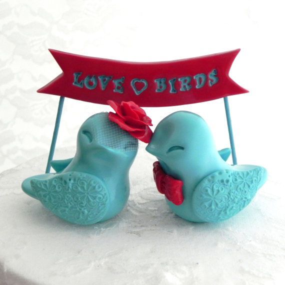 Wedding Cake Topper Love Birds Poppy Red and Aqua by LavaGifts,