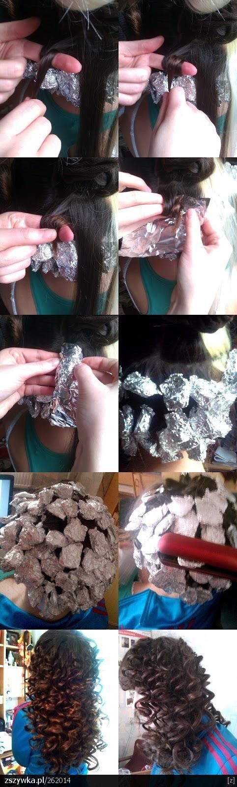 Wrap your hair around your finger then carefully wrap with tinfoil. Do this to all your hair, then heat each foil with a flat iron. Wait until completely cooled then, viola! super