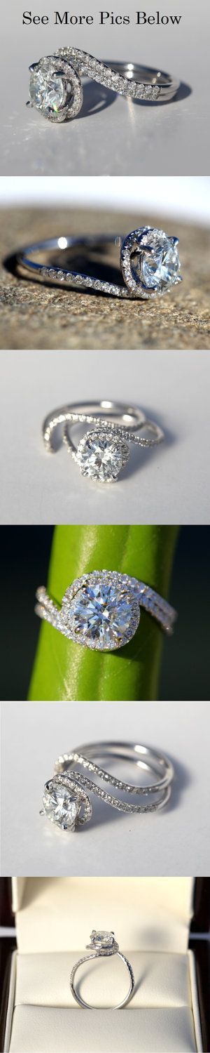 14k White gold – Diamond Engagement Ring – Halo – UNIQUE –  Thin Swirl – Pave – Weddings- Luxury- Brides. $2,500.00, via Etsy.