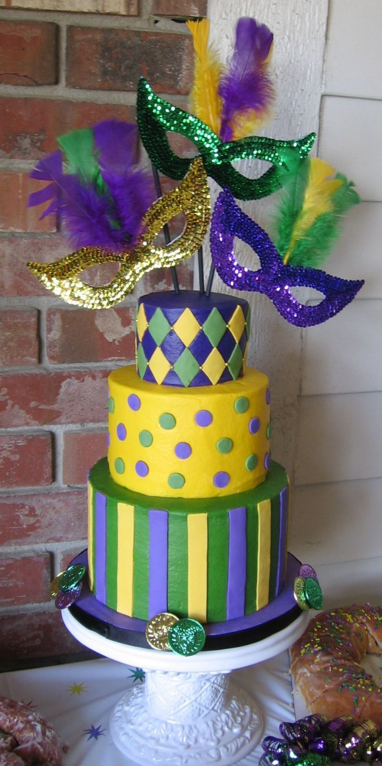 3-tiered Mardi Gras cake w/ buttercream frosting and fondant accents! Great for a Mardi Gras party!