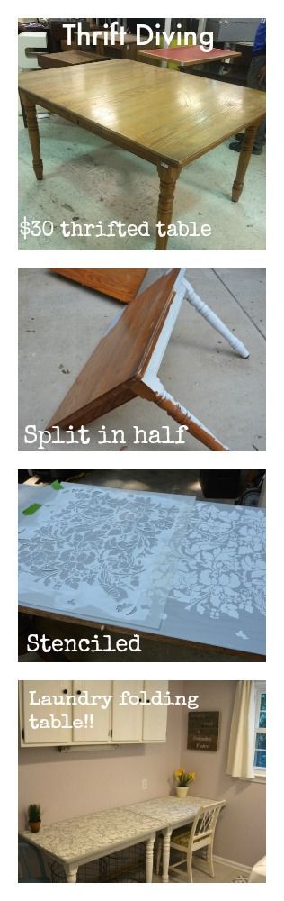 $30 thrift store dining table cuts split and stenciled, now a long folding table in laundry room! – Thrift Diving Blog