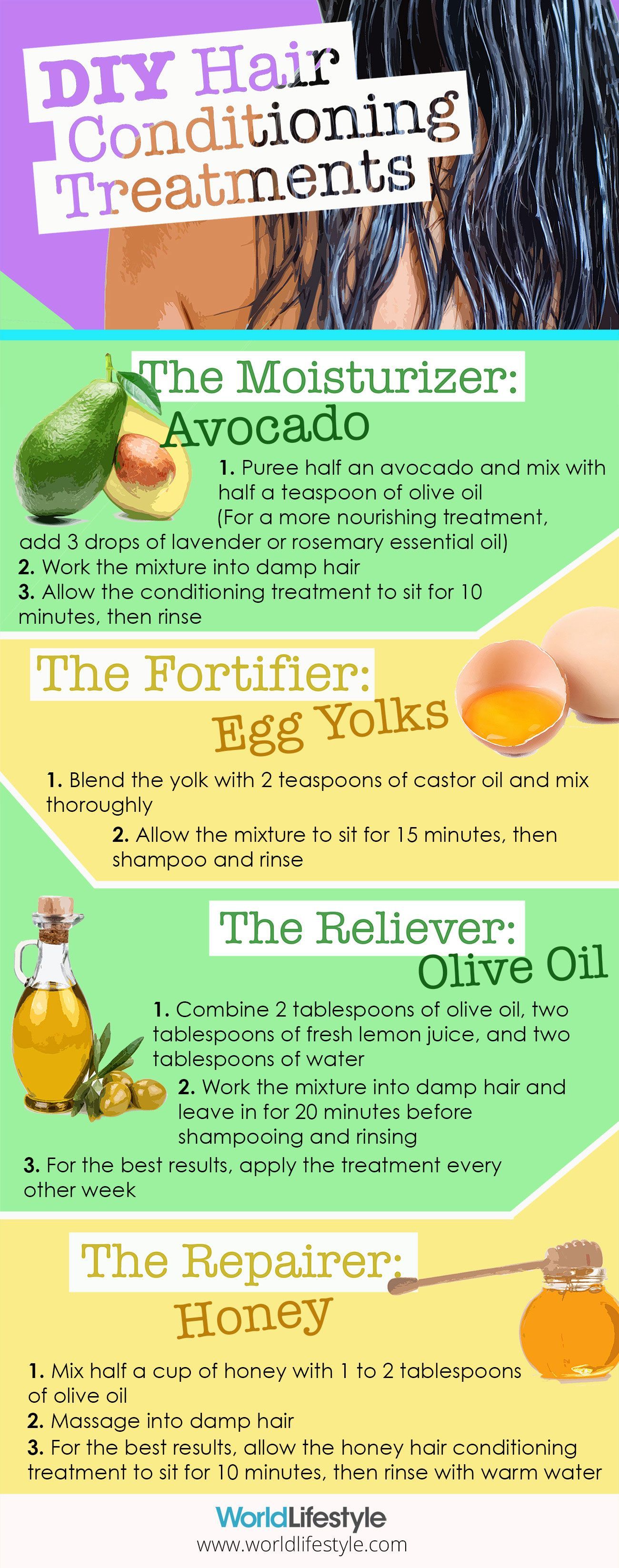 4 Awesome DIY Hair Conditioning Treatments to strengthen, moisturize, repair damage, and relieve itchy scalp