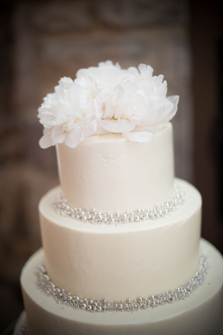 A pure white wedding cake is so simple and elegant.  Perhaps with a more ivory or gold-tinted candy pearl.