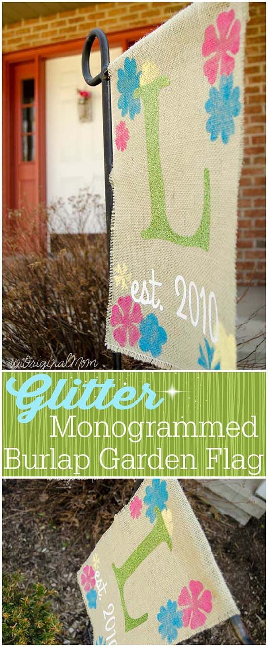 A “rustic glam” burlap garden flag with glitter heat transfer vinyl! Silhouette Challenge Spring!