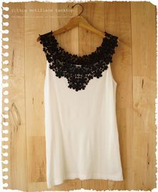 add lace on tank – repurpose Lace from the flohmarkt sewed to top of cut off shirt, adds length