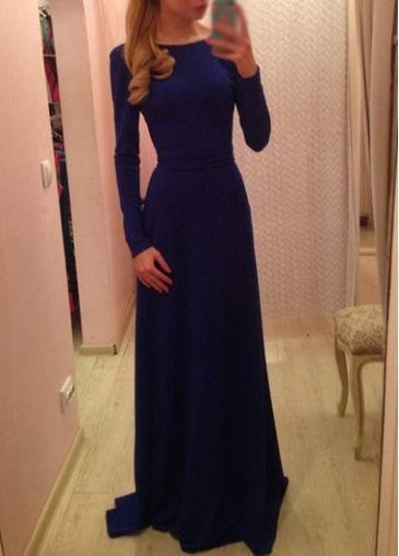 Amazing Long Sleeve Blue Round Neck High Waist Dress – USD $21.28