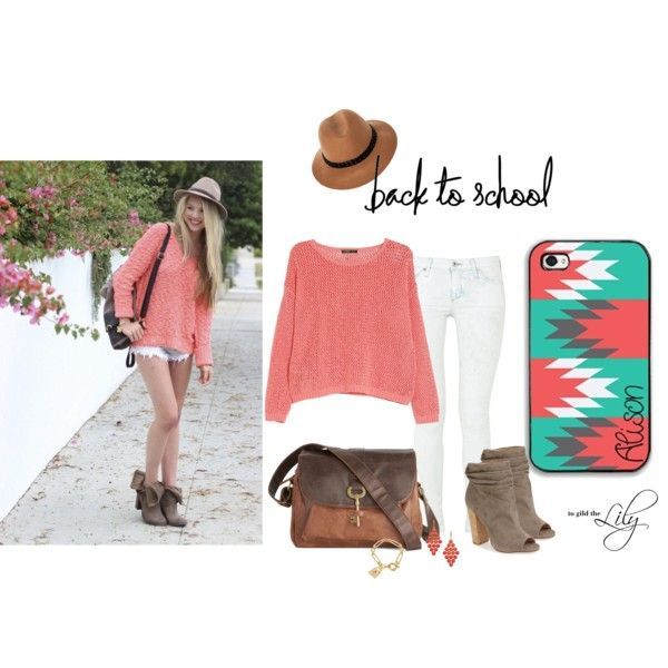 “Back to school – coral sweater and bleached jeans” by togildthelily on Polyvore..  Outfit for school, teens, women, college,