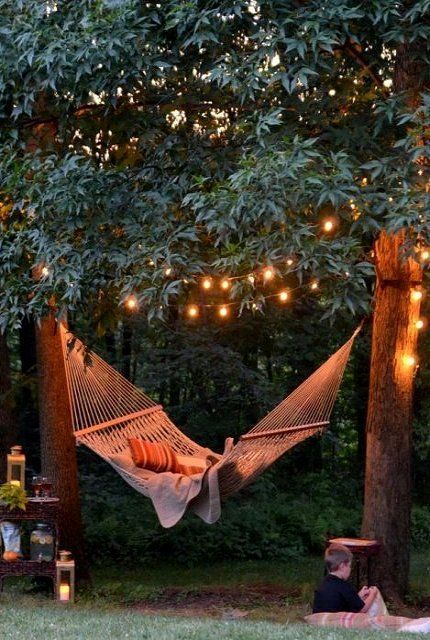 Backyard hammock plus tree lights makes magic. I will buy my home and plant two trees for my hammock in the first summer!