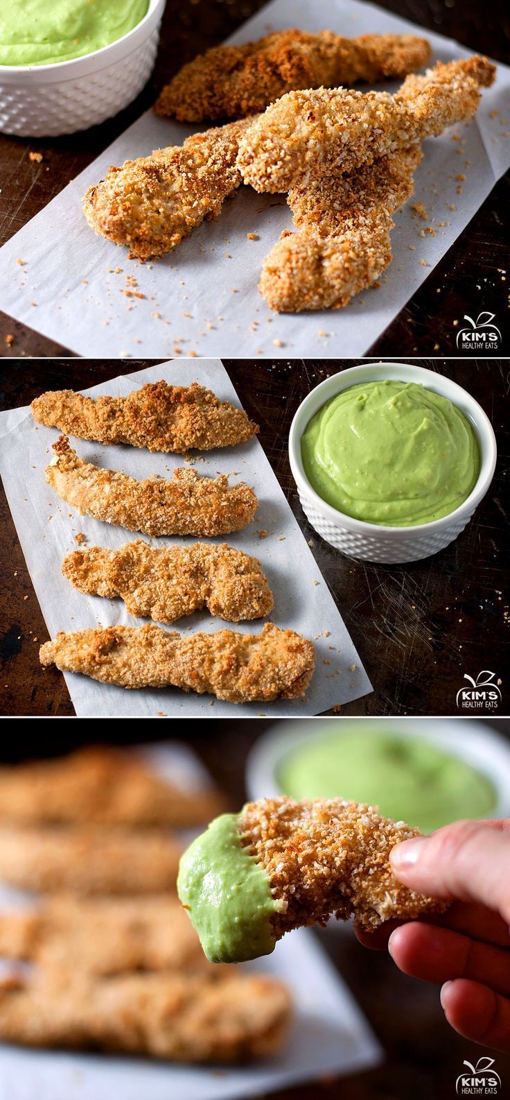 Baked chicken tenders with creamy avocado dipping sauce