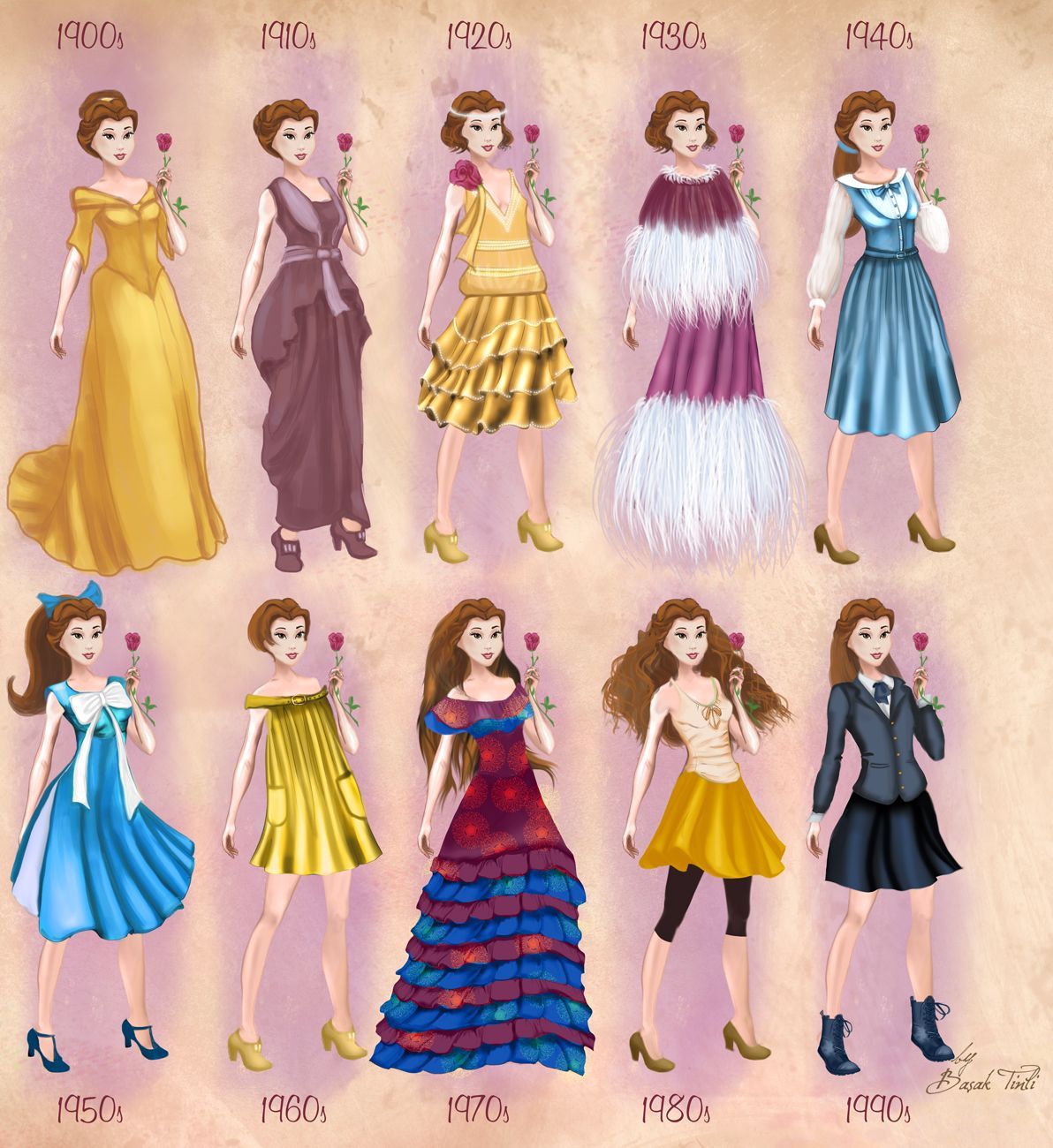 Belle in in 20th century fashion.
