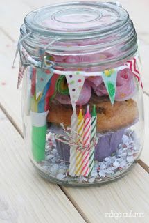 Birthday Party in a Jar~Balloons, Mini-Banner, Cupcake, B-day Candles, Confetti, Party Blowers . . . .