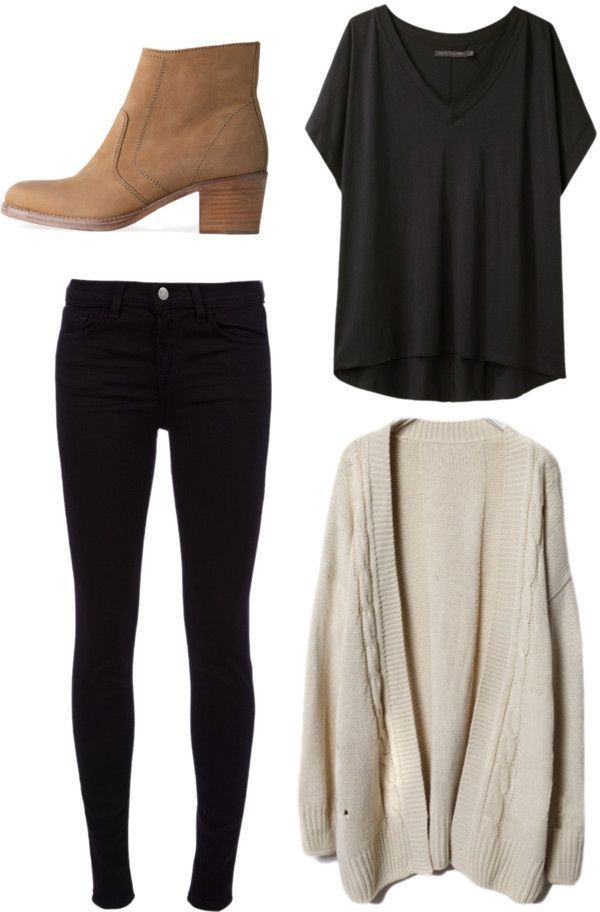 Black skinny jeans, black t shirt, tan booties, tan sweater