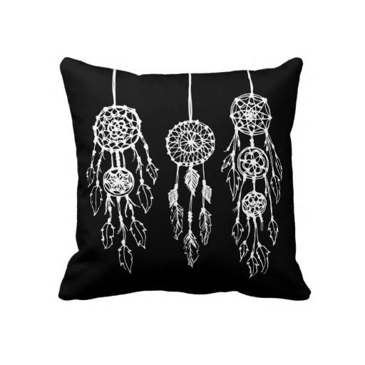 Black  White Illustrated Bohemian Dreamcatchers Custom decorative throw pillow design features a simple hand-illustrated pen and