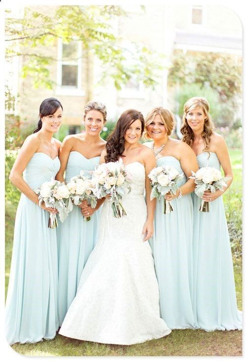 Bridesmaid dresses love the color, would use white tulips, and light blue calily for the bride?