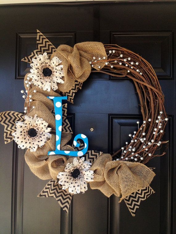 Burlap Wreath with Polka Dot Letter by TwistedandTwizzled on Etsy