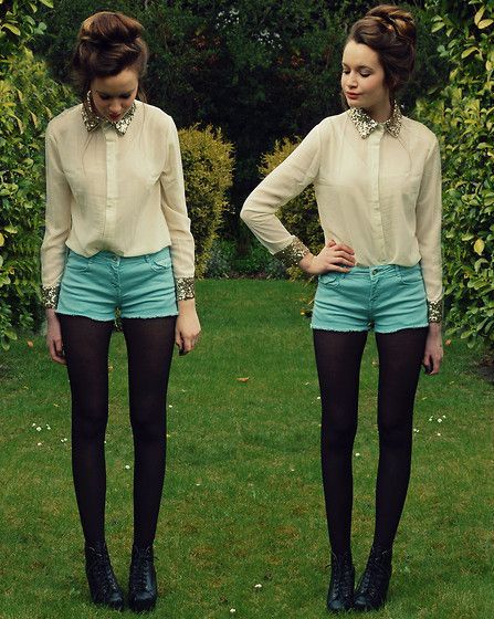 Button ups with shorts and tights — black tights with black heels elongate legs.