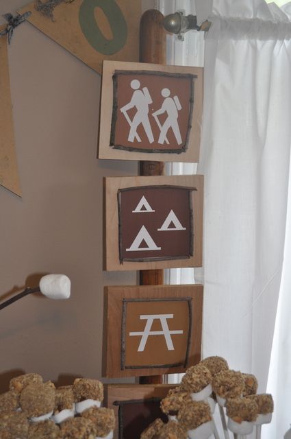 Camping Party – last pic of kid pics clothes pinnes to twine – cool idea for cast board.  they could be strung down the hallway or