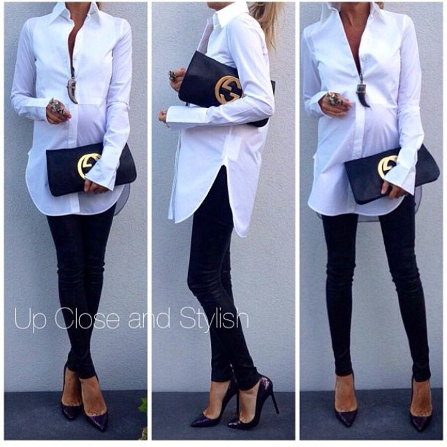 Chic maternity style: Stick to the basics. Black leggings + white cotton tunic + heels (yes, you can still wear heels!)