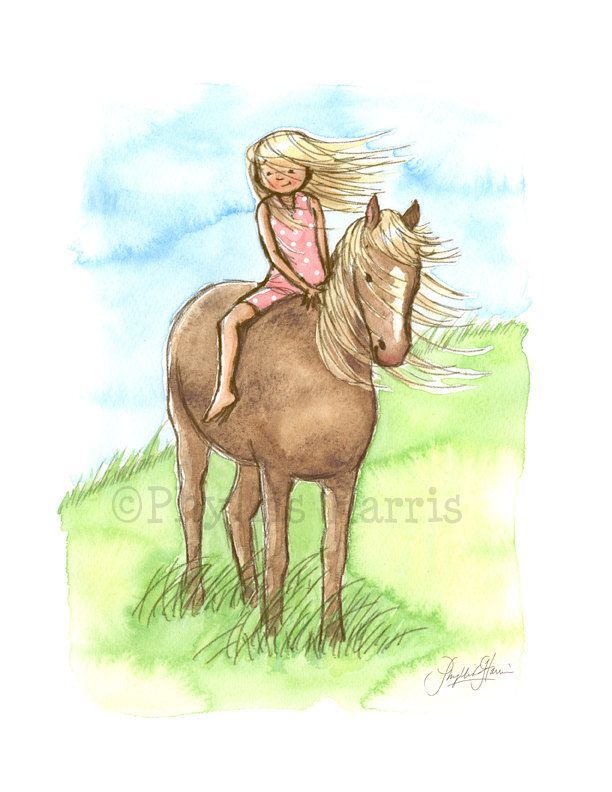 Childrens Wall Art Print – Horse Girl – Girls room decor- customizable hair color on little girl. $24.50, via Etsy.