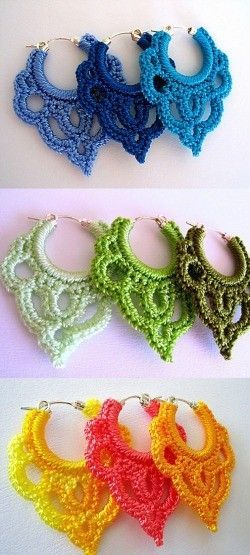 Crochet Earrings- gorgeous, must try!  Use embroidery floss to get a lovely array of colours and shades