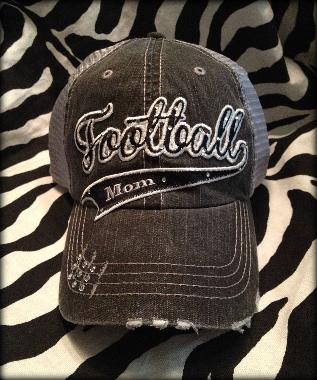 Custom School Team Football Mom Distressed  Bling Hat. $31.50, via Etsy.