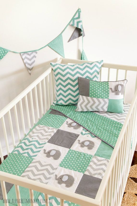 Elephant Baby Crib Quilt in mint and gray by AlphabetMonkey