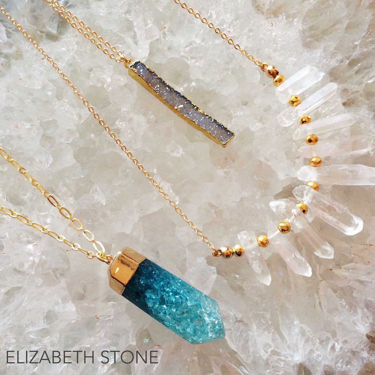 Elizabeth Stone Jewelry  Aqua Crackle Quartz Point Necklace Gold