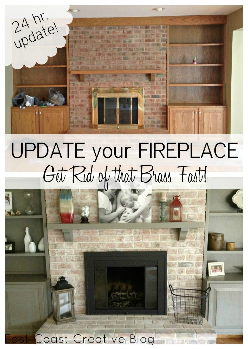 Fireplace makeover including painted mantel and shelves, white washed brick and spray painted brass surround