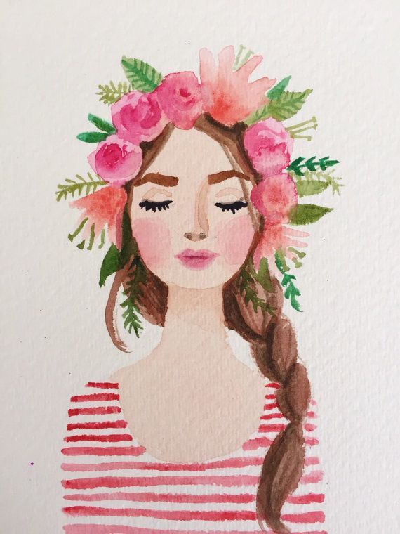 Flower crown girl original watercolor painting. by OliveTwigStudio