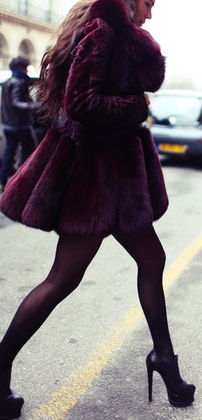 Fur coat with stockings and booties. Fun color!  #fur #winterfashion #hswardrobe