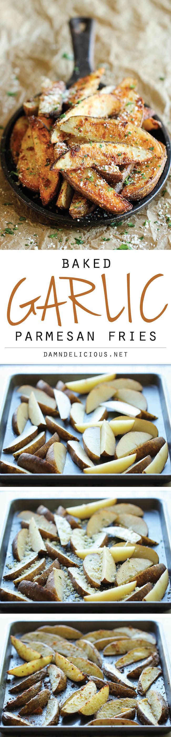 Garlic Parmesan Fries – Amazingly crisp, oven-baked fries coated with freshly grated Parmesan and a generous dose of garlic