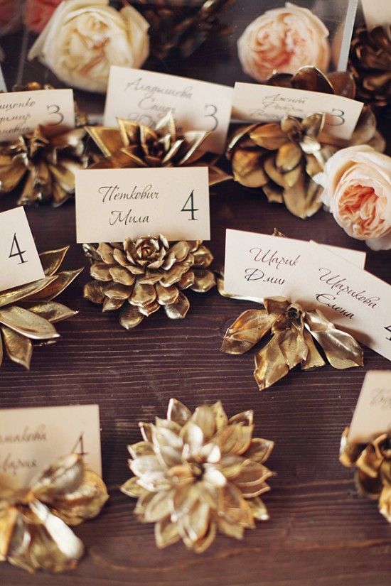 gold painted succulent escort card holders… Pine cones for fall wedding??