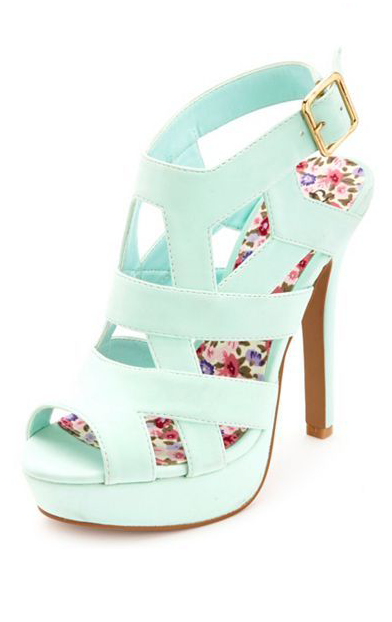 Gorgeous Mint Heels These mint high heels are just adorable with back buckle closure and floral printed sole. Cute caged design