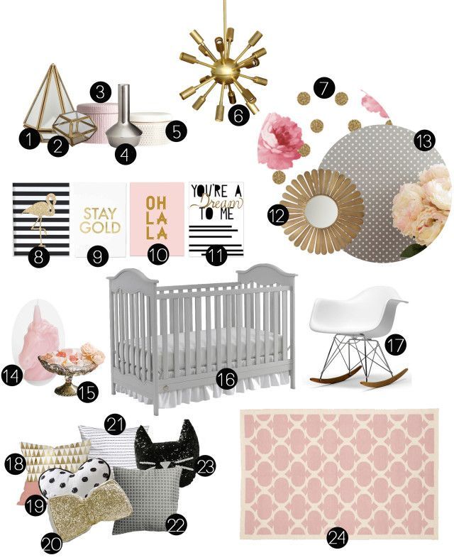 Gray, pink, gold, silver, floral black and white patterns nursery